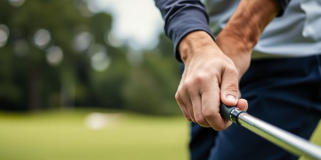 Golfer's grip showing proper hand positioning on club.
