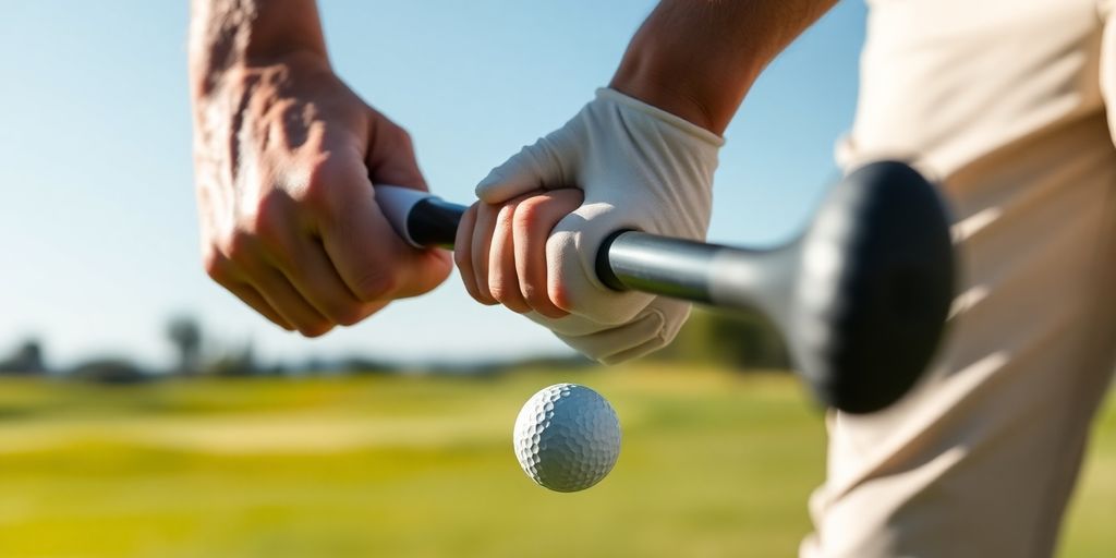 Golfer gripping club with proper stance on golf course.