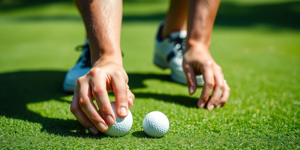 Golfer preparing to putt on a lush green golf course.