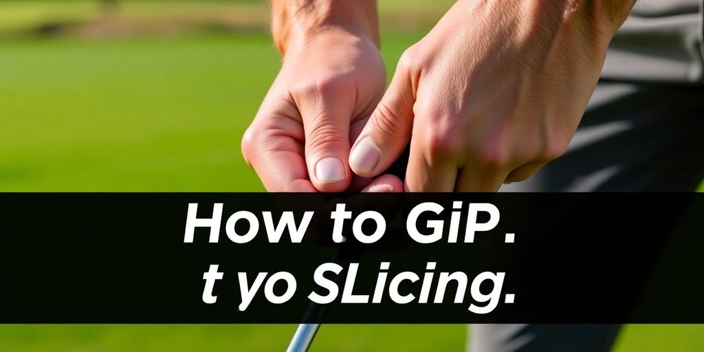 Golfer's hands gripping a club on a golf course.