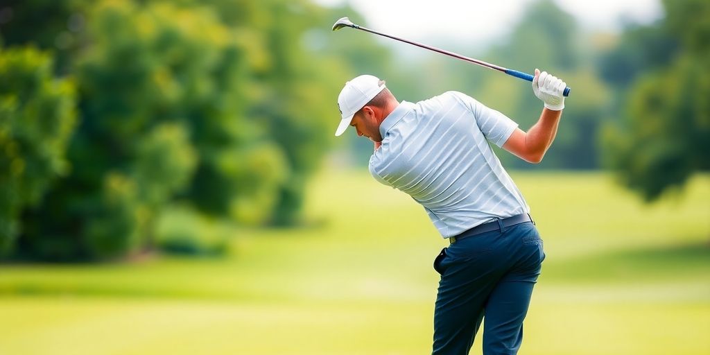 Golfer swinging with speed and precision on the course.