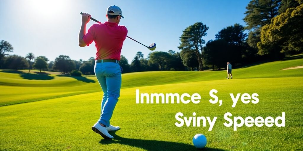 Golfer swinging on a sunny golf course.
