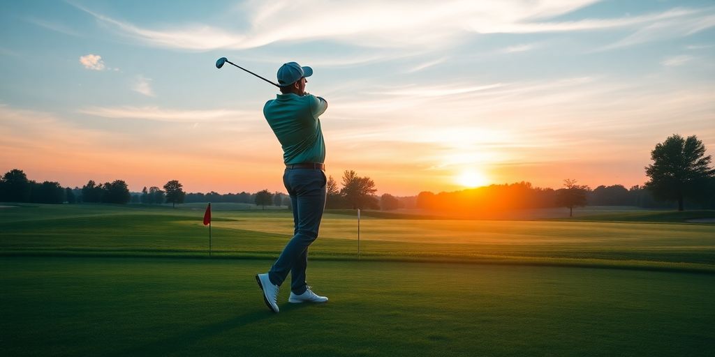 Golfer preparing to swing on a peaceful golf course.
