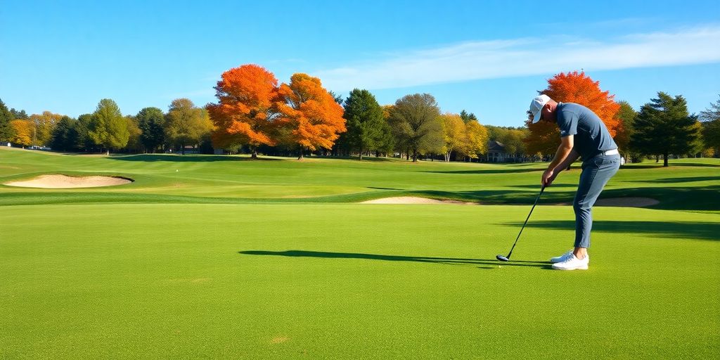 Golfer preparing to putt on a beautiful golf course.