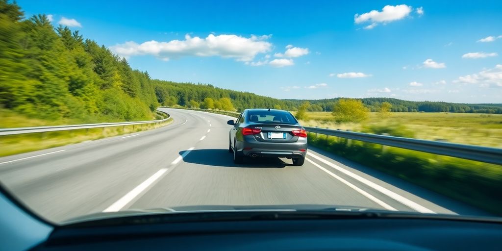 Car on a highway with lush greenery and blue sky.