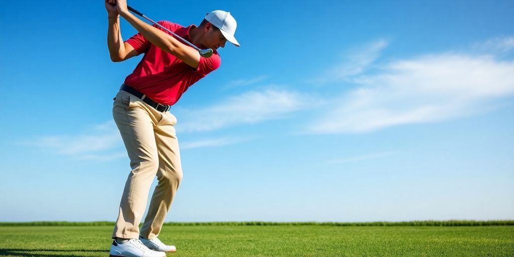 Golfer swinging with focus to increase swing speed and distance.