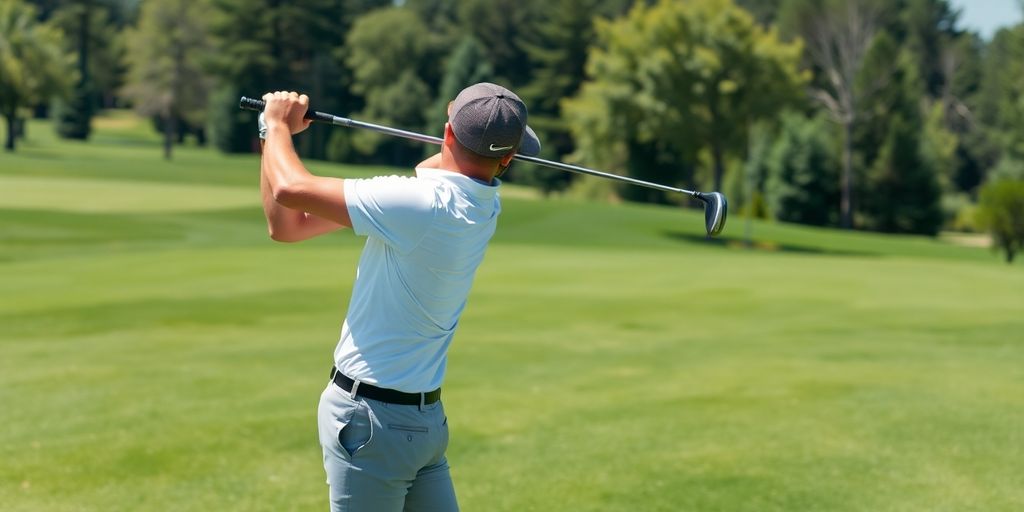 Golfer using training aids on a sunny golf course.