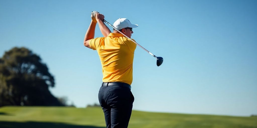 Golfer mid-swing on a green golf course.
