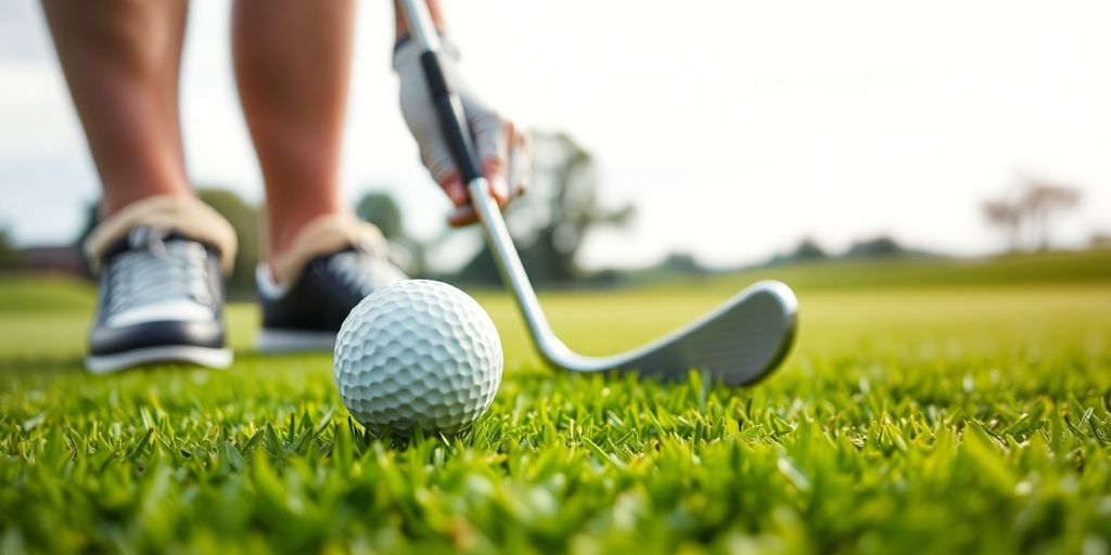 Golfer chipping ball onto green in sunlight.